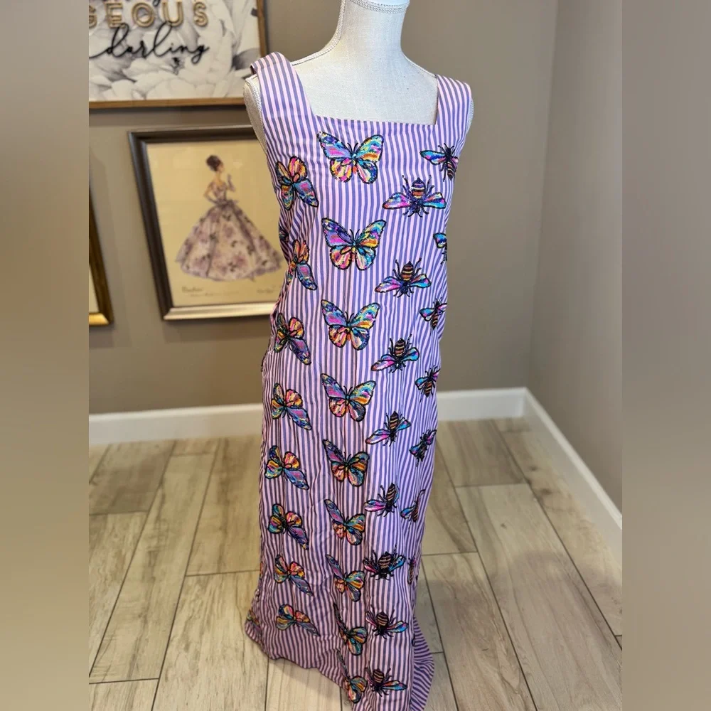 New! QUEEN OF SPARKLES Striped Sequin Butterfly & Bee Midi Dress